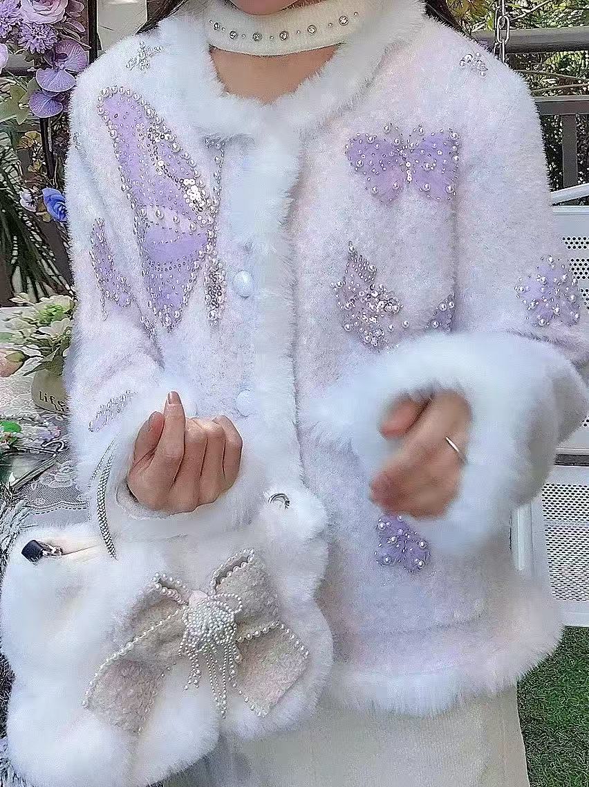 Wool Coat Peacoat - Luxury Style Pearls Beads Stitch Knitwear
