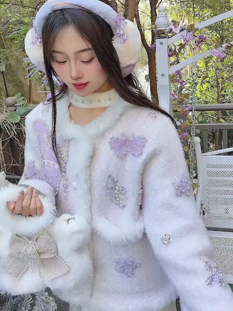 Luxury Style Pearls Beads Stit - Wool Coat Peacoat 评论和价格