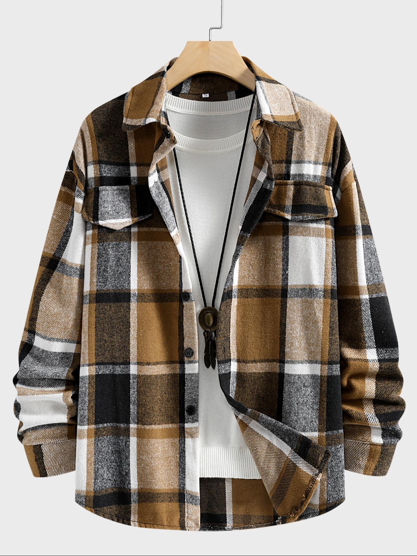Retro Plaid Shirt Men Casual E - Flannel Shirt Lined 评论和价格